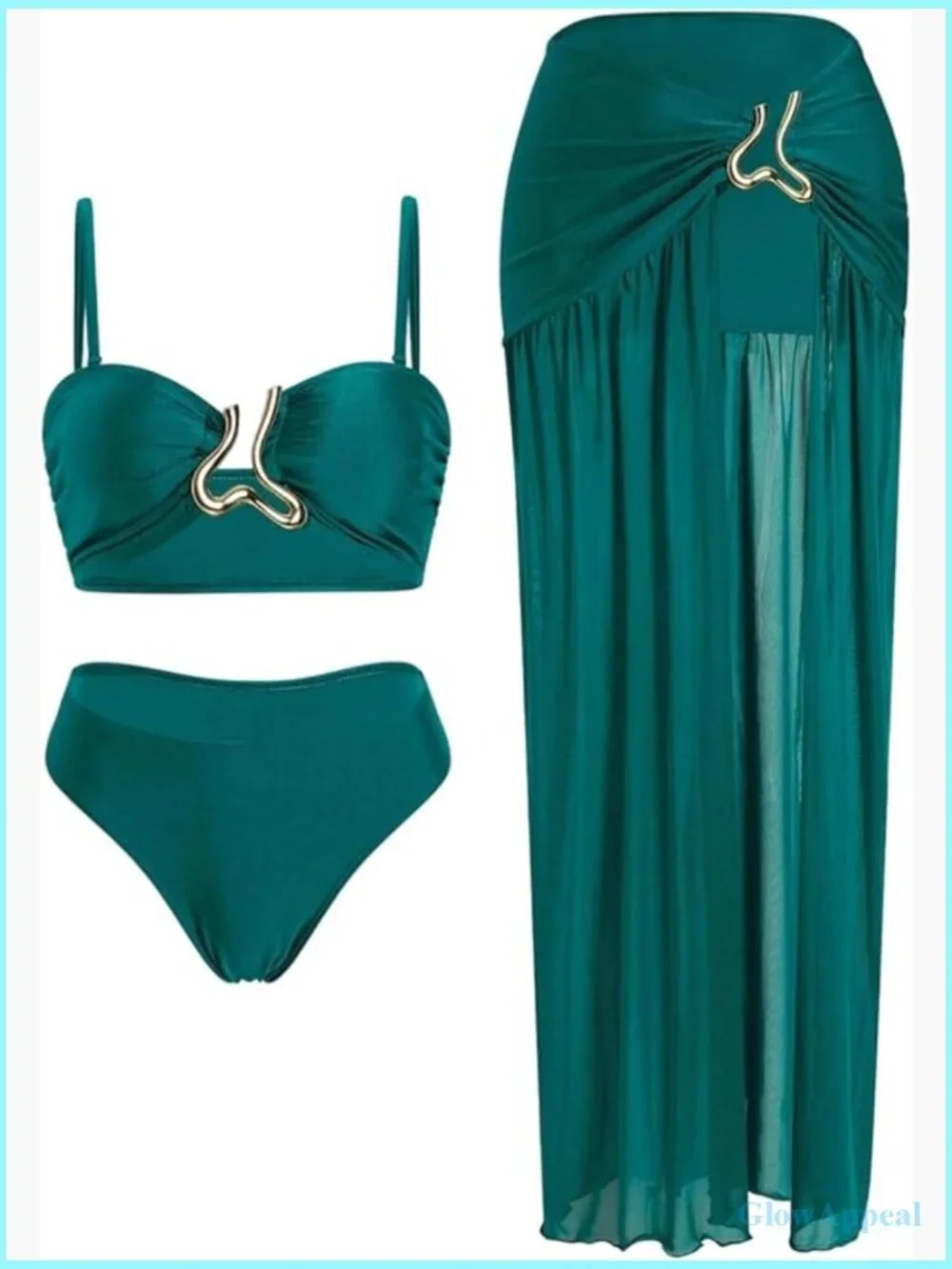 3 Piece Swimsuit Ruched Ring Linked Bikini Set with Cover Up Skirt